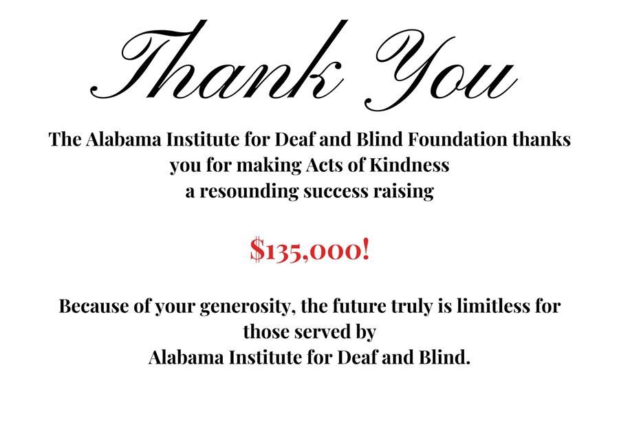 A thank you card thanking attendees for making Acts of Kindness a success raising $135000.